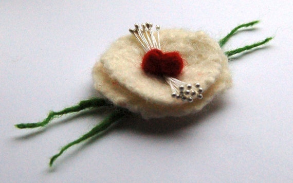 Red Felted Wool Flower with Beaded Center Brooch Pin