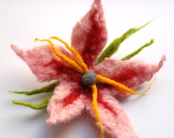 Felted flower brooch - Pink and orange, felt flower hair clip, flower felt pin, corsage, big flower brooch, gifts for her