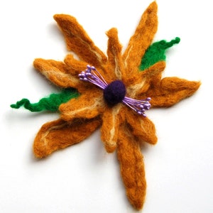 Hand felted flower pin, wet felted wool flower, light brown, purple and green, felt flower hair clip, flower felt pin, corsage, big flower image 1