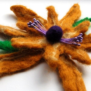 Hand felted flower pin, wet felted wool flower, light brown, purple and green, felt flower hair clip, flower felt pin, corsage, big flower image 2