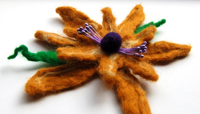 Hand felted flower pin, wet felted wool flower, light brown, purple and green, felt flower hair clip, flower felt pin, corsage, big flower image 2