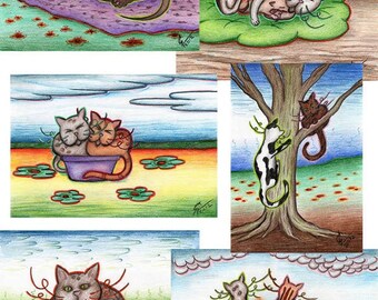 Cat art postcards (6 pieces), cat birthday card, animal postcard, cat print, collectible cards, cat lover gift, cat lady, cat stationery