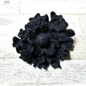 Felt flower brooch, wet felted jewelry, small black flower felt pin, black corsage, felt flower wool, black felt brooch, gift for her