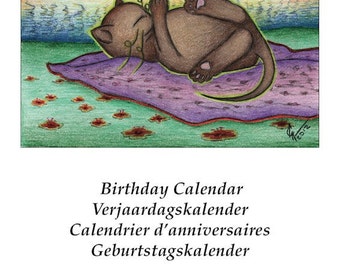 Perpetual birthday Calendar with cat drawings, planner, kitten lover item, family birthday reminder, hanging wall logbook (4 languages)