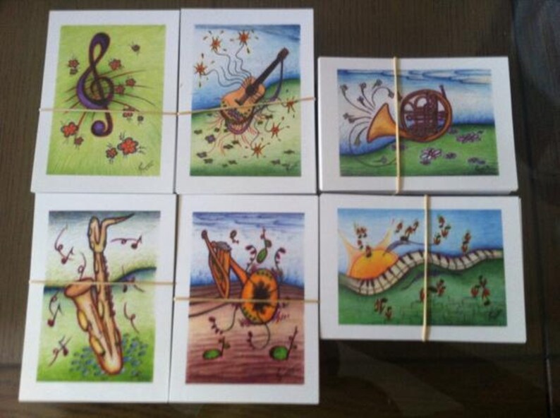 Postcards With Music Drawings (6 Pieces), Musical Instrument Card ...
