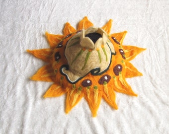 Felt art sculpture with lots of colors, wool sculpture, handmade fantasy art work OOAK, sunflower theme van Gogh, yellow, green and brown