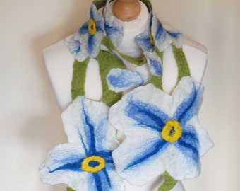 Felt scarf, felted flower scarf, handmade collar, flower shape shawl, wedding ornament, bridal flower necklace, woman's scarf, floral scarf