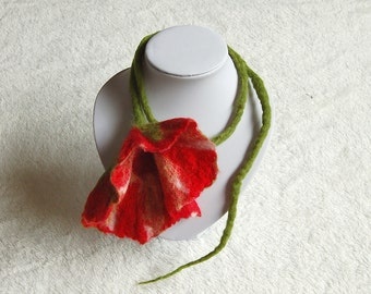 Flower necklace, felt scarf, colors red, white and green, wool flower cord, floral jewelry, red poppy, floral necklace, gift for her