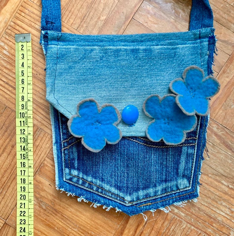 Upcycled denim bag recycled denim pocket felted flowers | Etsy