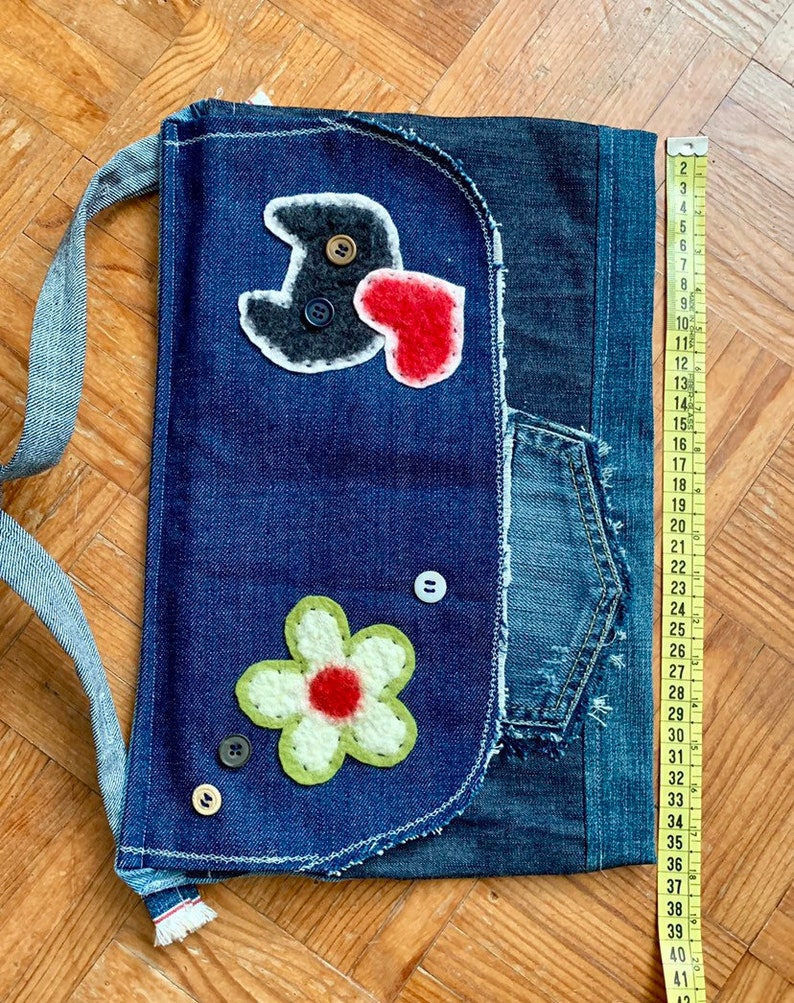 Recycled Denim Bag, Upcycled Blue Jeans Messenger With Felt Flower and