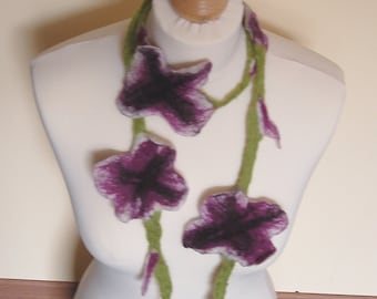 Flower scarf felt, wet felted flower shaped necklace, handmade collar, colors: white, purple and black with green leaves, flower shape shawl