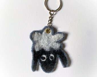 Felted sheep keychain, hand felted black sheep keyring, wool lamb present, sheep bag chime, animal wool key fob, black and white lamb