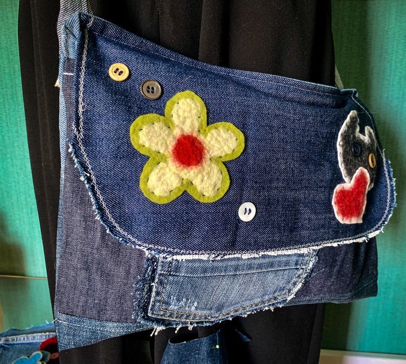 Recycled Denim Bag, Upcycled Blue Jeans Messenger With Felt Flower and ...