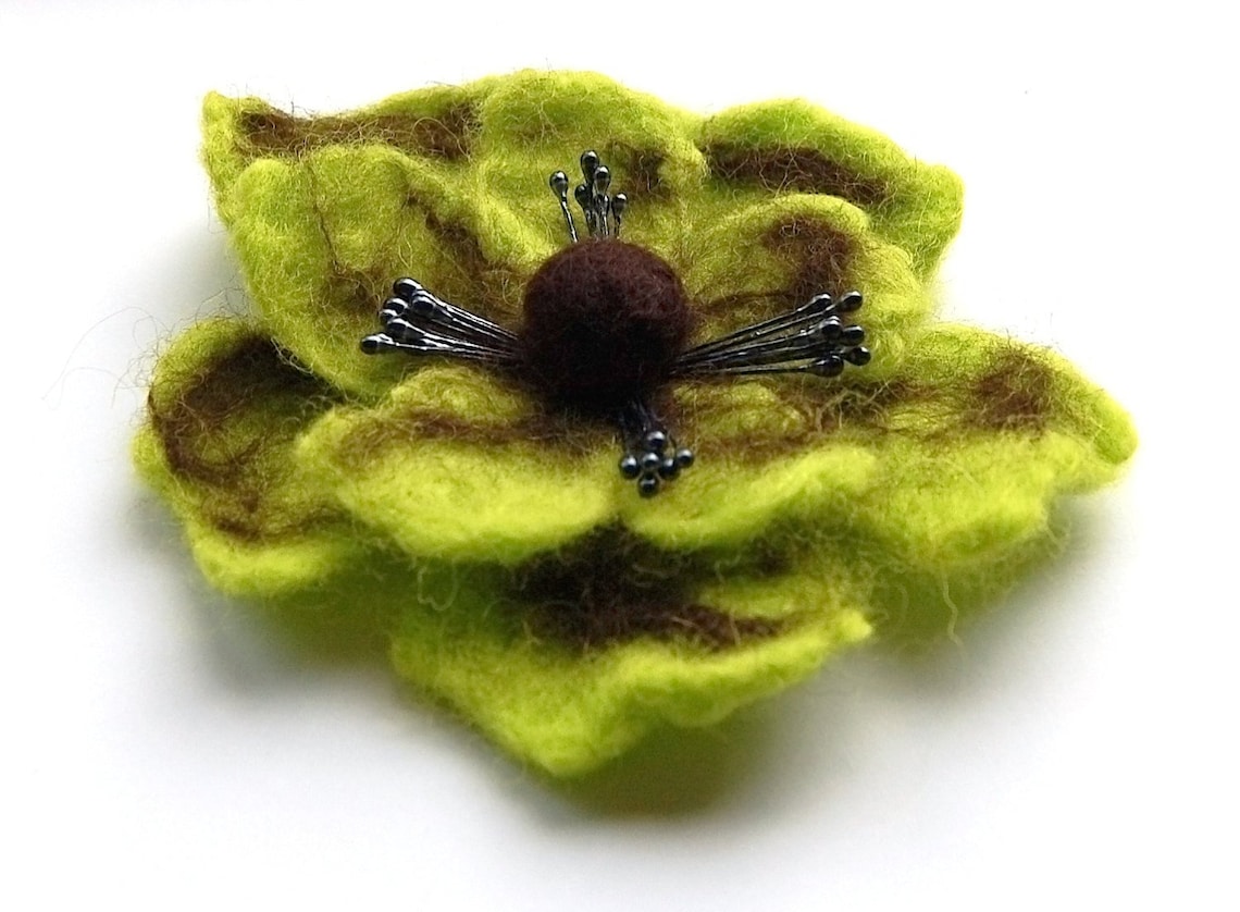 Felt Flower Brooch, Wet Felted Wool Flower, Felted Jewelry, Light Green