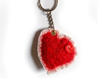 Felted heart keychain, hand felted red heart keyring, lovely hearts piece, valentine present, red love heart bag chime, red wool key fob