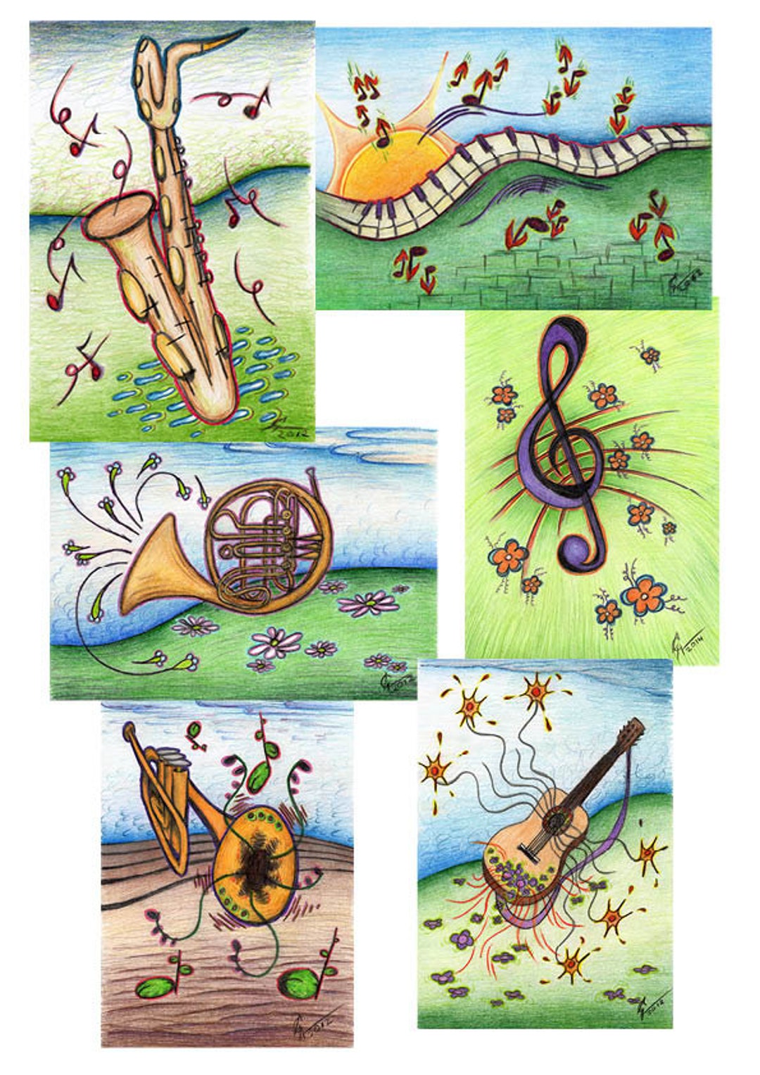 Postcards With Music Drawings (6 Pieces), Musical Instrument Card ...