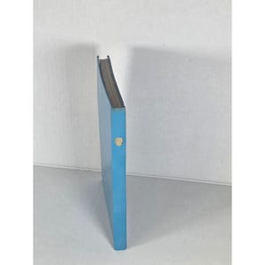 May include: A light blue hardcover book standing vertically on its edge. The spine is visible, showing a small, circular, light-colored sticker or mark near the center. The book cover is a solid, matte light blue color with dark pages.