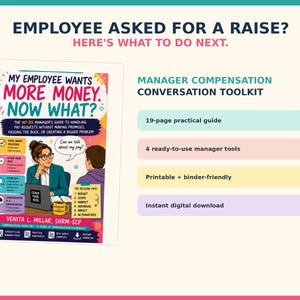 May include: A digital manager compensation conversation toolkit featuring a 19-page guide, 4 tools, and printable files. The cover displays the title My Employee Wants More Money. Now What? with an illustration of a manager and employee at a desk.