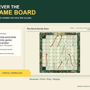 May include: A printable climb-and-slide family game generator titled The Great Family Race. The board features a numbered grid from 1 to 100 with red curved paths and green ladders. Text includes NEVER THE SAME BOARD, 64 or 100 spaces, and 4 themed worlds.