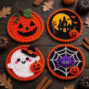 Może przedstawiać: Cztery okrągłe szydełkowe podstawki z motywami halloweenowymi: jasnopomarańczowa dynia, czarna sylwetka nawiedzonego domu na tle żółtego księżyca, biały duszek w czarnym kapeluszu czarownicy oraz fioletowy pająk na białej pajęczynie.
