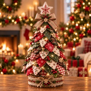 Könnte beinhalten: Ein dekorativer Tisch-Weihnachtsbaum aus geschichteten Stoffstücken in Rot, Grün und Creme mit Schneeflocken- und Karomustern. Er ist mit einer Juteschleife, roten Beeren, kleinen Holzknöpfen und einem beleuchteten Stern an der Spitze verziert.