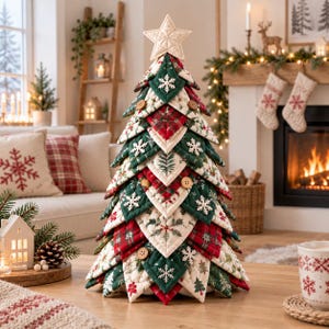 Könnte beinhalten: Eine Weihnachtsbaum-Dekoration aus Stoff, bestehend aus geschichteten, gesteppten dreieckigen Stoffstücken in Rot, Grün und Creme. Der Baum ist mit Schneeflockenstickereien, kleinen Holzknöpfen und einem gepolsterten Stern an der Spitze verziert.