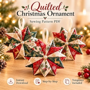 Folded Fabric Christmas Star Ornament Sewing Pattern PDF, Quilted Holiday Star, Fabric Ornament Tutorial, Christmas Sewing Pattern