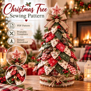Patrón de costura de árbol de Navidad de tela en PDF, patrón de árbol de mesa acolchado, decoración navideña en capas, descarga digital de costura navideña