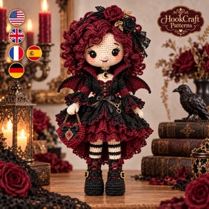 May include: A crocheted doll with curly dark red hair, wearing a black and dark red dress with bat wings, a crescent moon choker, and black lace-up boots. The doll holds a heart-shaped bag and features the text HookCraft Patterns in the corner.
