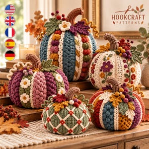 Pode incluir: Cinco abóboras decorativas de crochê em vários tamanhos e cores, incluindo azul, creme, roxo e verde. Cada abóbora apresenta pontos texturizados, folhas, bagas e flores de crochê. O texto HOOKCRAFT PATTERNS é visível.