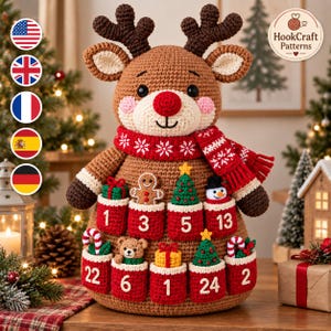 Reindeer Advent Calendar Crochet Pattern PDF, 24 Pocket Christmas Countdown, Festive Amigurumi Holiday Home Decor Digital Download