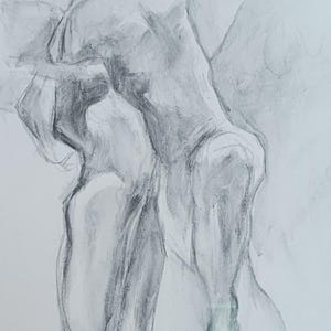May include: A charcoal drawing on white paper depicting a human figure in a dynamic, bent-over pose. The artwork uses varying shades of gray and black to define the contours of the torso, legs, and arms, with loose, expressive pencil strokes.
