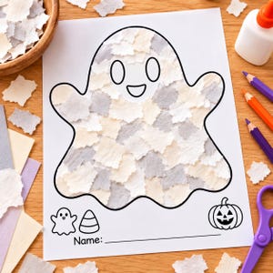 May include: A white paper sheet featuring a large ghost outline filled with small, torn pieces of cream, beige, and light grey paper. Below the ghost are line drawings of a small ghost, candy corn, a jack-o'-lantern, and the text Name:.