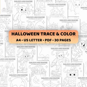 Può includere: Una raccolta di fogli di attività di Halloween in bianco e nero con contorni tratteggiati di mostri, streghe e fantasmi da ricalcare e colorare. Il testo recita HALLOWEEN TRACE & COLOR, A4, US LETTER, PDF, 30 PAGES.
