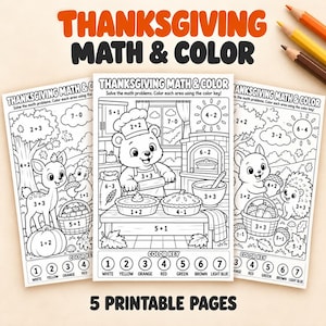 Pode incluir: Três folhas de atividades imprimíveis em preto e branco intituladas Thanksgiving Math & Color. Cada página apresenta problemas matemáticos e ilustrações de animais, com uma legenda de cores na parte inferior para colorir.