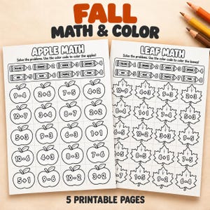 May include: Two black and white educational worksheets titled Fall Math & Color, featuring Apple Math and Leaf Math sections. Each page includes addition and subtraction problems inside apple and leaf outlines, with a color-coded crayon key.