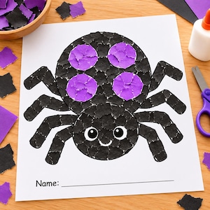May include: A paper craft project featuring a spider made of torn black and purple paper pieces. The spider has a large round body with four purple circular spots, a smaller head with two large white eyes, and eight legs. The word Name is printed below.