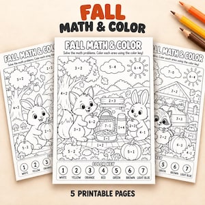 Könnte beinhalten: Drei schwarz-weiße, druckbare Arbeitsblätter mit dem Titel FALL MATH & COLOR. Jede Seite zeigt eine Waldszene mit einem Fuchs, einem Hasen und einem Waschbären, mathematische Gleichungen in Formen und einen Farbschlüssel mit den Zahlen 1 bis 7.