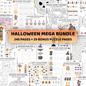 Könnte beinhalten: Ein Halloween-Mega-Bundle mit 245 Seiten plus 29 Bonus-Rätselseiten, das verschiedene Aktivitätsblätter enthält, darunter Wortnachspuren, Ausmalbilder, Suchbilder, Labyrinthe und Zählspiele mit Illustrationen von Geistern, Kürbissen und Hexen.