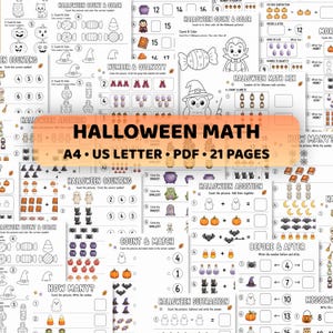 Puede incluir: Una colección de 21 hojas de trabajo de matemáticas de Halloween imprimibles en formatos A4 y US Letter PDF. Las páginas presentan ilustraciones en blanco y negro de fantasmas, calabazas, murciélagos y dulces, con ejercicios de conteo.
