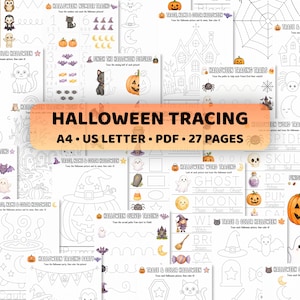 Halloween-Übungsblätter zum Nachzeichnen für Kinder | Vorschul-Übungsbuch zur Schreibvorbereitung | Buchstabenformen nachzeichnen – Druckbare Feinmotorikübungen für Kleinkinder