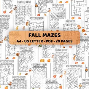 Op de afbeelding: Een verzameling printbare doolhof-werkbladen getiteld FALL MAZES A4 US LETTER PDF 20 PAGES. Elke pagina bevat zwart-wit doolhofpuzzels met kleurrijke illustraties van herfstdieren, zoals wasberen, egels en vossen, en seizoensgebonden items.