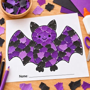 Bat Tear and Paste Craft Printable | Halloween Bat Torn Paper Activity For Kids | Preschool Fine Motor Playdough Mat Toddler Classroom