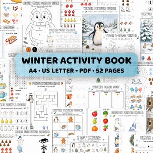 May include: A collection of printable activity sheets titled Winter Activity Book A4 US Letter PDF 52 Pages. The pages feature winter-themed illustrations including penguins, polar bears, snowmen, sleds, and mazes for coloring, tracing, and counting.