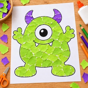 Peut inclure: Un projet de bricolage en papier représentant un collage de monstre à un œil sur du papier blanc. Le corps du monstre est rempli de morceaux de papier vert clair déchirés, tandis que les deux cornes sont remplies de papier violet déchiré.