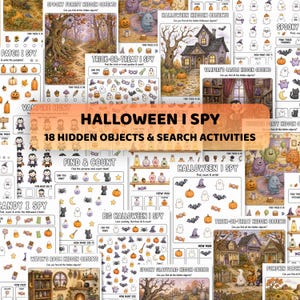 Op de afbeelding: Een verzameling Halloween-activiteitenbladen met zoekspellen, verborgen voorwerpen en telopdrachten. De pagina's tonen illustraties van geesten, pompoenen, vampiers en heksen met tekst zoals Halloween I Spy en 18 Hidden Objects.