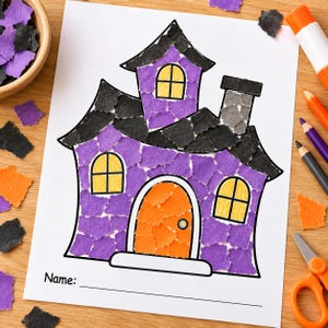 May include: A paper craft project featuring a haunted house design filled with torn purple, black, and orange paper pieces. The house has a central orange door, yellow windows, and a black roof. The word Name is printed at the bottom left.