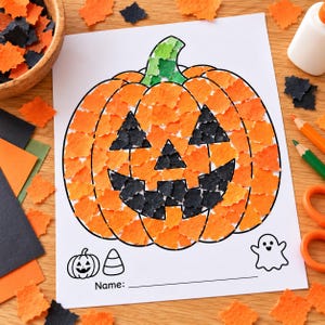May include: A white paper sheet featuring a pumpkin craft project made of torn orange, black, and green paper pieces. The sheet includes a large pumpkin outline, a small pumpkin icon, a candy corn icon, a ghost icon, and the text Name:.