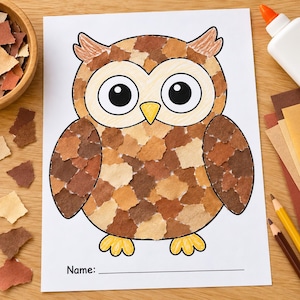 May include: A white sheet of paper featuring a collage-style owl craft. The owl is filled with various shades of brown and tan torn paper pieces. It has large white eyes with black pupils, a yellow beak, and yellow feet. The word Name: is printed below.