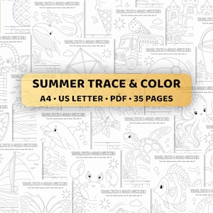 Può includere: Una raccolta di fogli di attività stampabili in bianco e nero intitolata SUMMER TRACE & COLOR, A4, US LETTER, PDF, 35 PAGES. Ogni pagina presenta contorni tratteggiati di illustrazioni estive come balene, delfini, granchi e camion dei gelati.